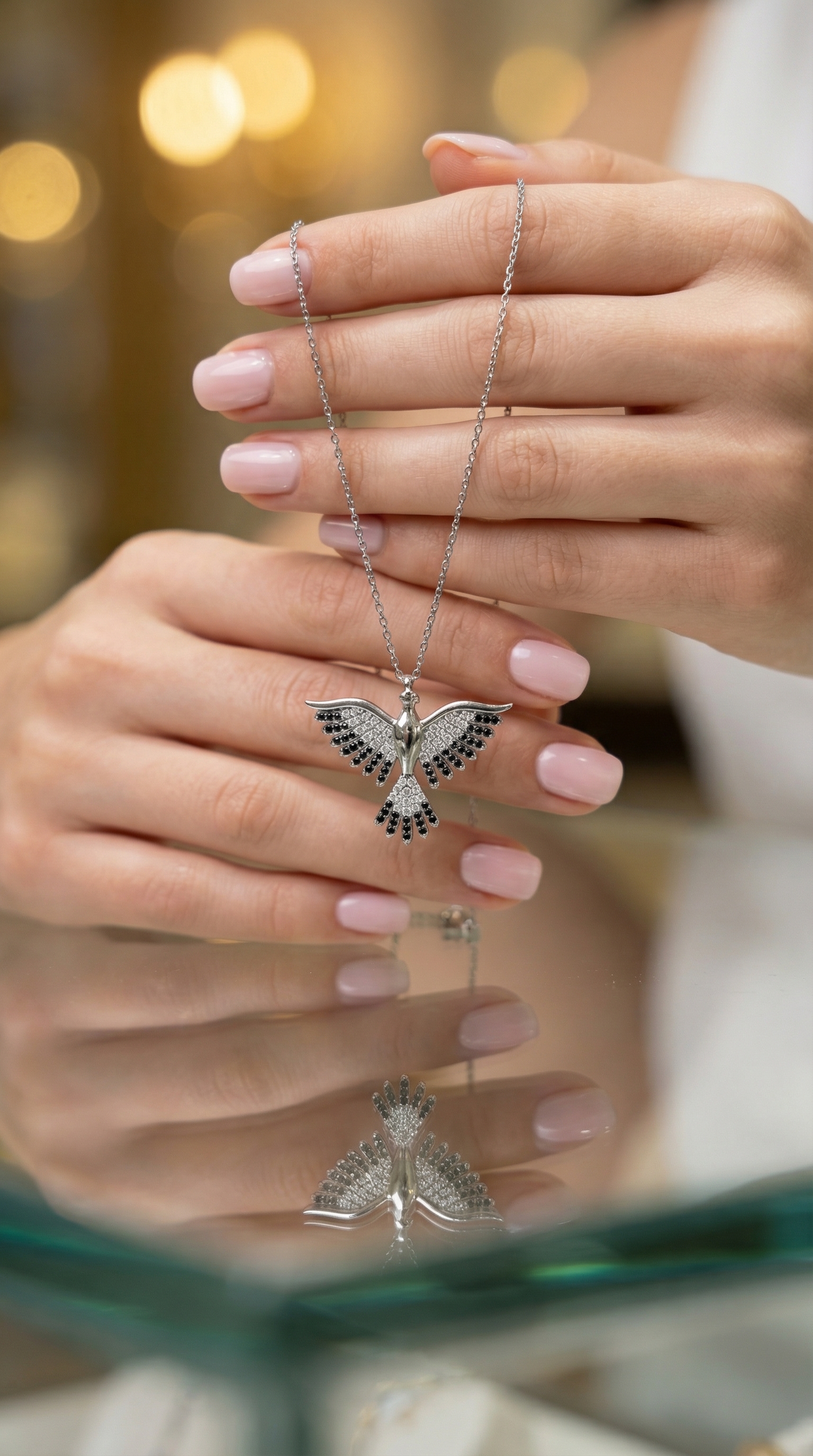 925 Ayar Gümüş Zümrüdüanka Kuşu Figürlü Siyah Beyaz Taşlı Kadın Kolye – Özel Tasarım, Zarif Hediyelik